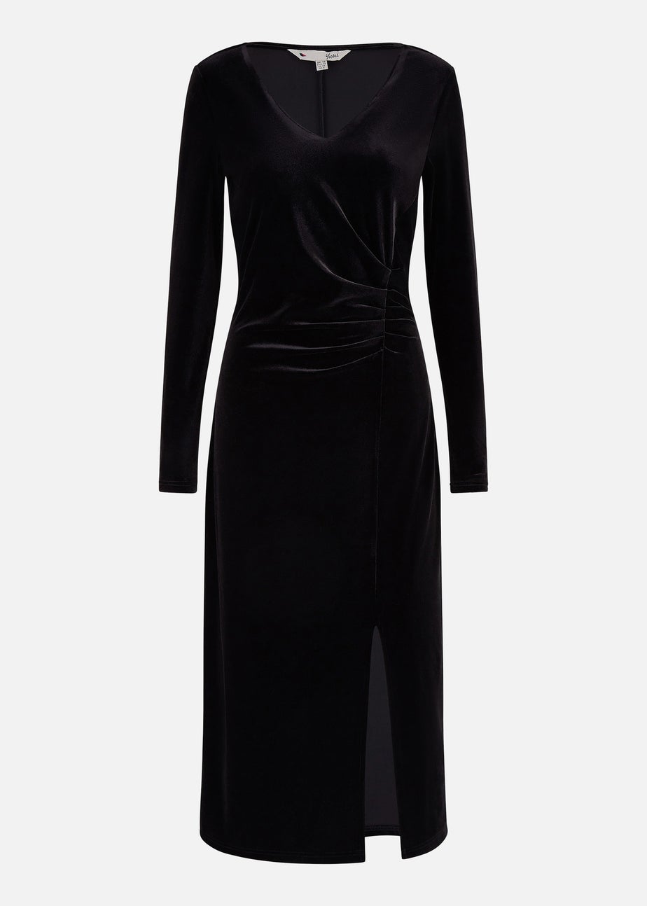 Yumi Black Velvet V Neck Fitted Ruched Midi Dress