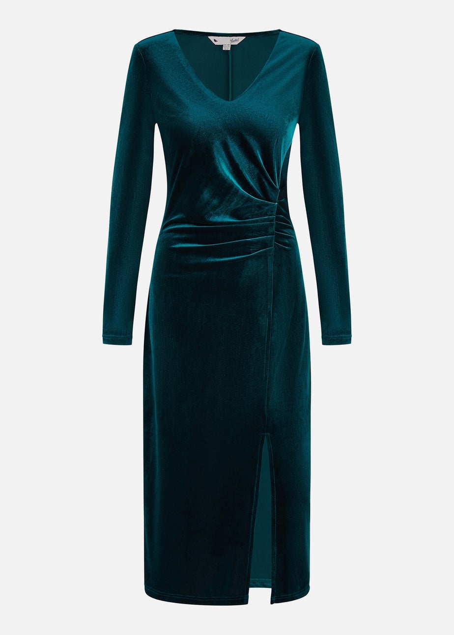 Yumi Green Velvet V Neck Fitted Ruched Midi Dress