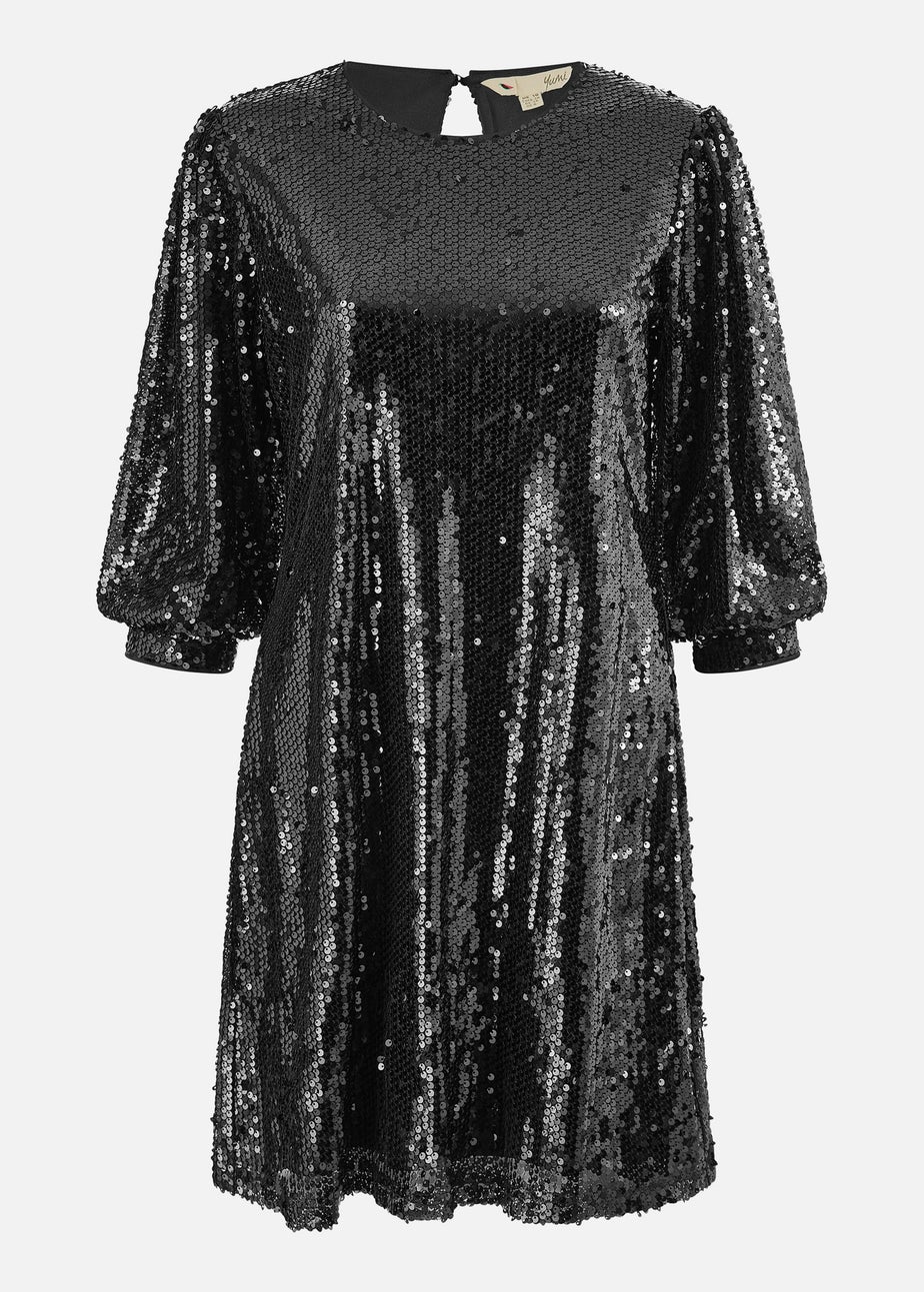 Yumi Black Sequin Tunic Dress With Balloon Sleeves