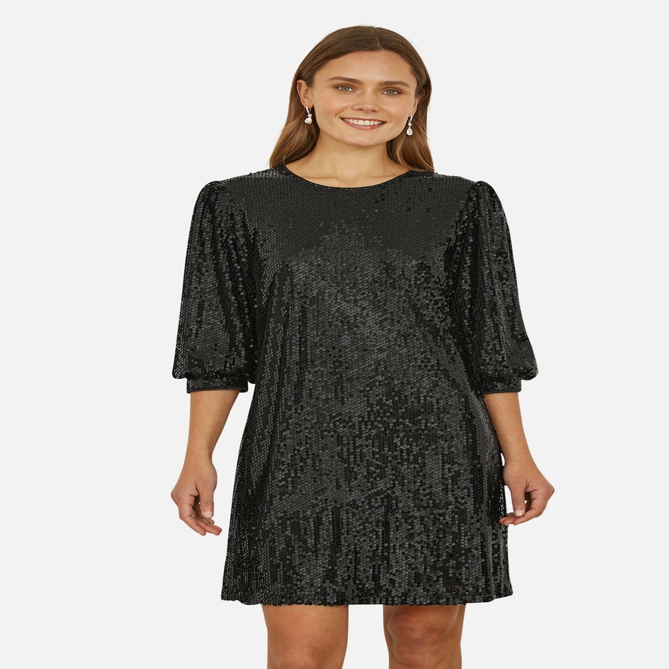 Yumi Black Sequin Tunic Dress With Balloon Sleeves