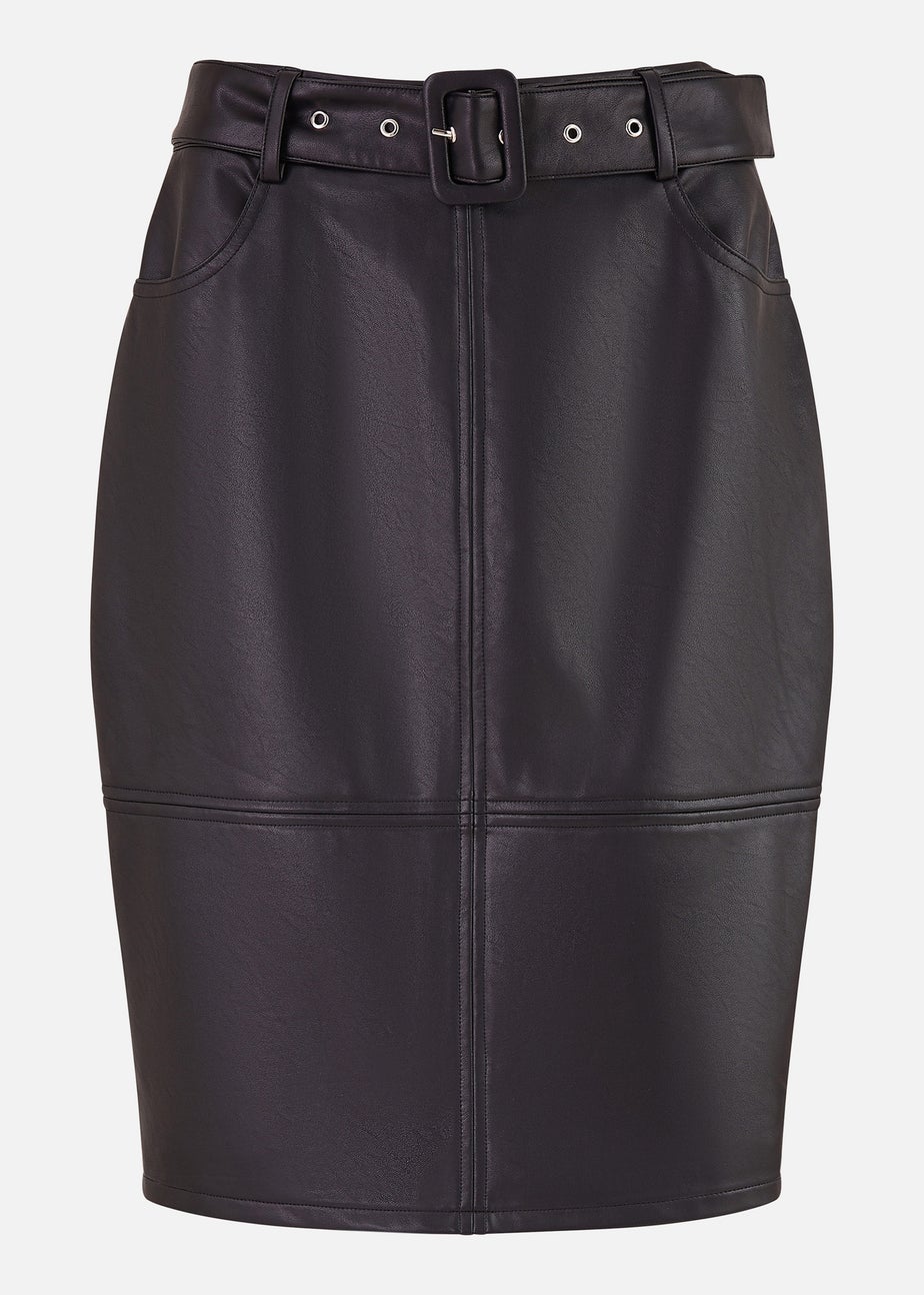 Yumi Black Faux Leather Midi Pencil Skirt With Matching Belt
