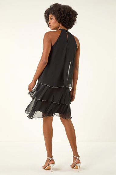 Roman Black Sequin Trim Halterneck Dress