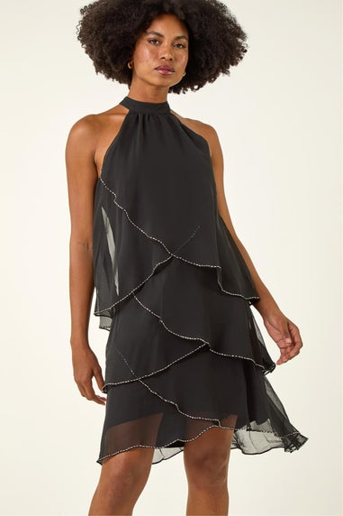 Roman Black Sequin Trim Halterneck Dress