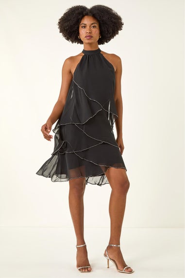 Roman Black Sequin Trim Halterneck Dress