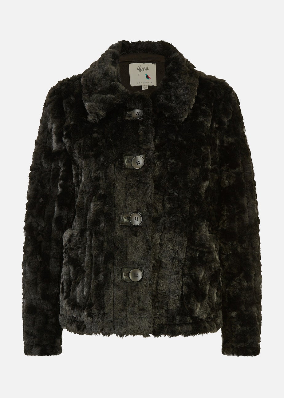 Yumi Black Luxe Textured Faux Fur Jacket With Pockets