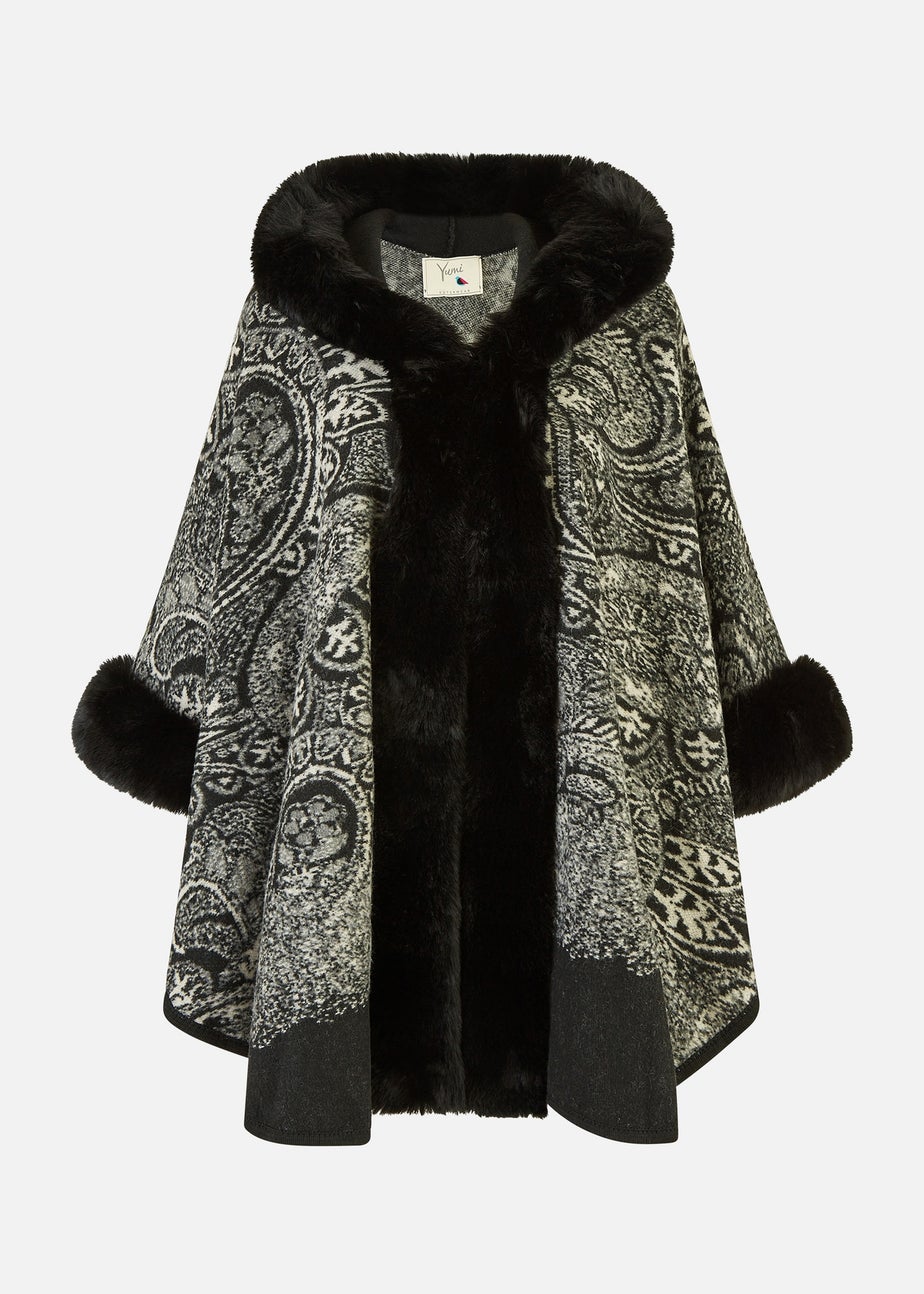 Yumi Black Faux Fur Trim Cape With Paisley Print