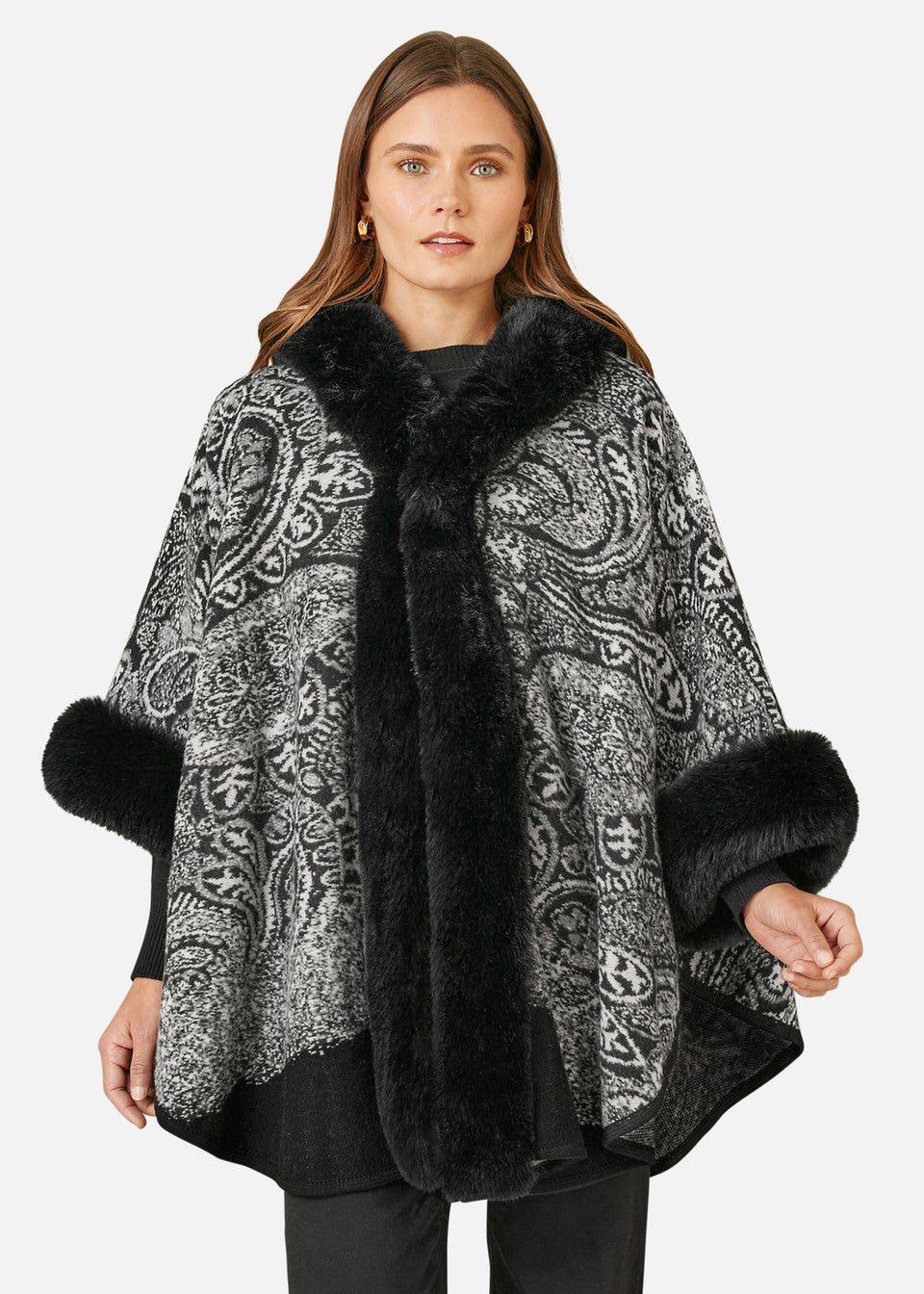 Yumi Black Faux Fur Trim Cape With Paisley Print