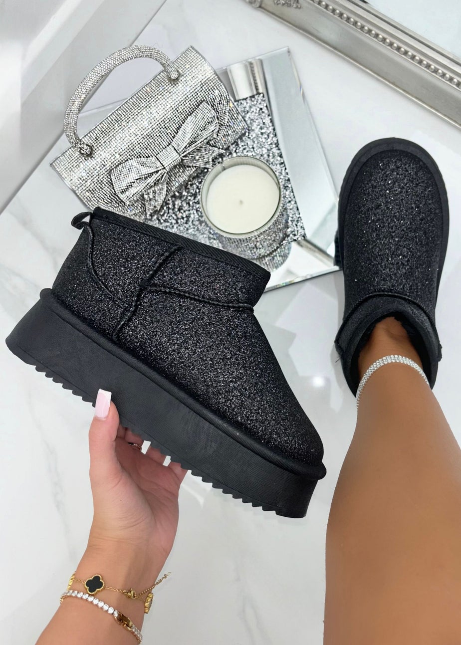 Love Lemonade Black Sparkly Glitter Snugg Platform Boots