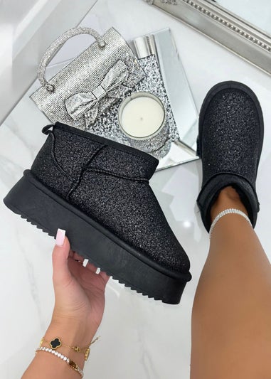 Love Lemonade Black Sparkly Glitter Snugg Platform Boots