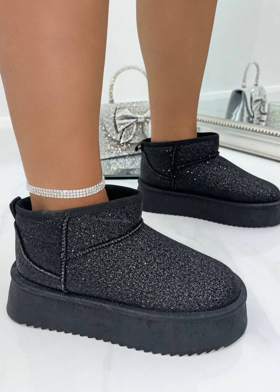 Love Lemonade Black Sparkly Glitter Snugg Platform Boots