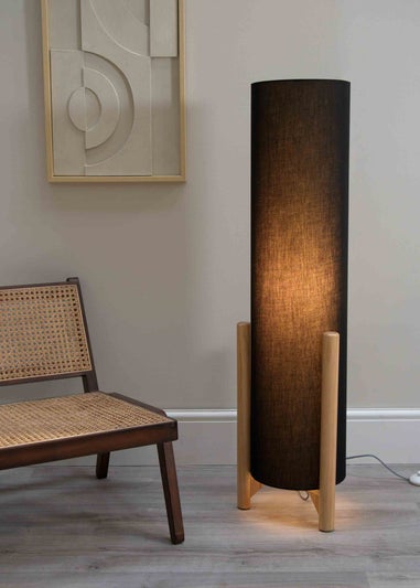 ValueLights Henry Oak Effect Charcoal Floor Lamp with XL Drum Shade
