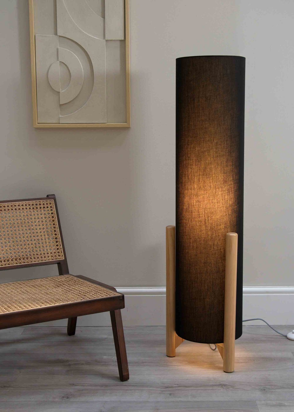 ValueLights Henry Oak Effect Charcoal Floor Lamp with XL Drum Shade