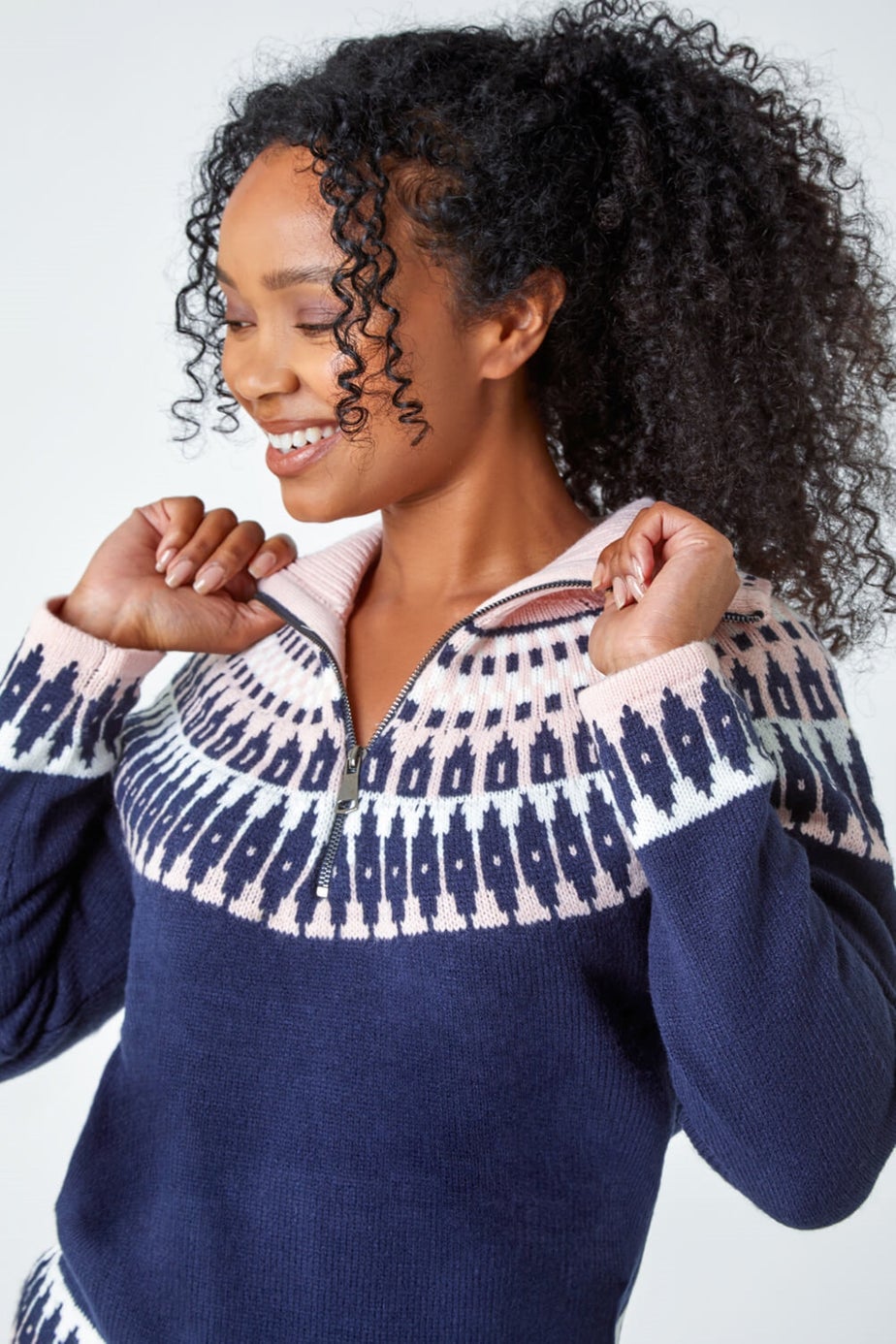 Roman Navy Petite Fairisle Zip Detail Jumper