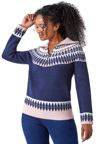 Roman Navy Petite Fairisle Zip Detail Jumper