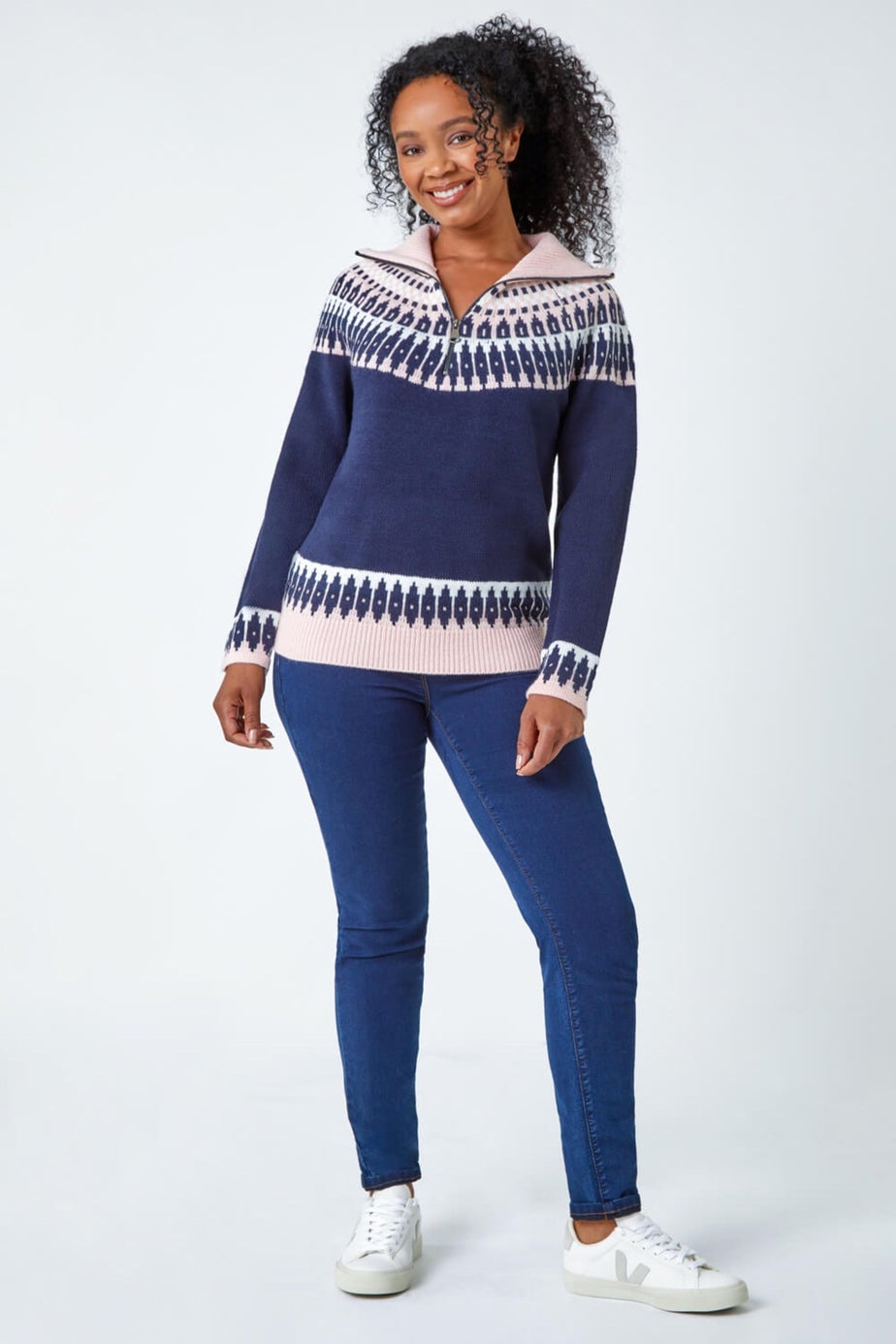 Roman Navy Petite Fairisle Zip Detail Jumper