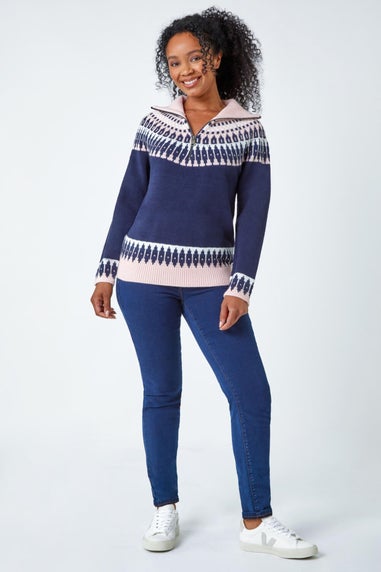 Roman Navy Petite Fairisle Zip Detail Jumper