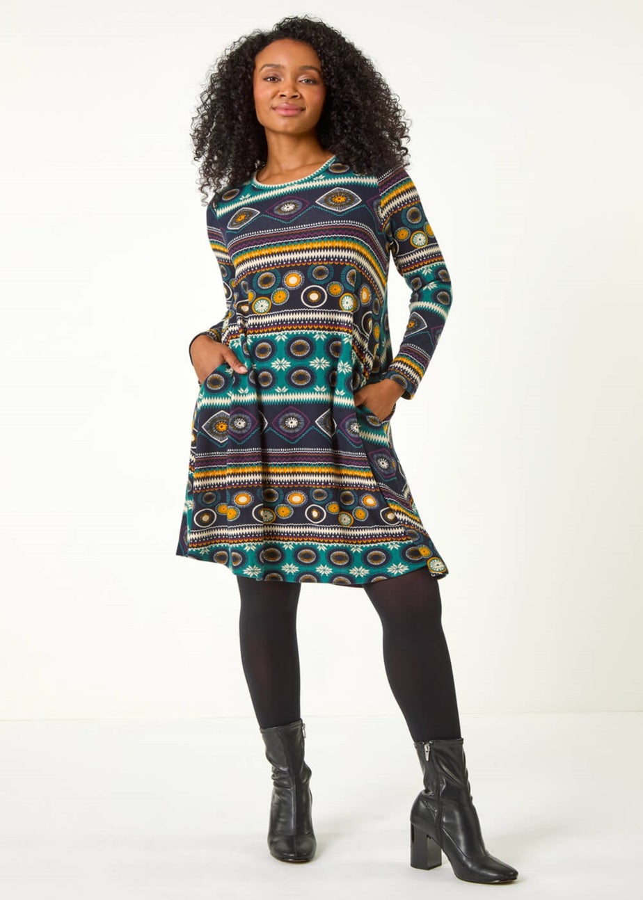 Roman Navy Petite Nordic Print Swing Stretch Dress