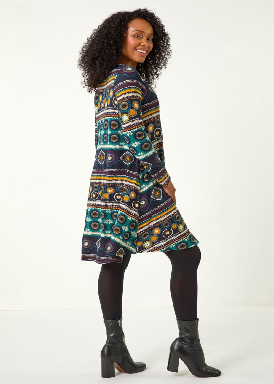 Roman Navy Petite Nordic Print Swing Stretch Dress