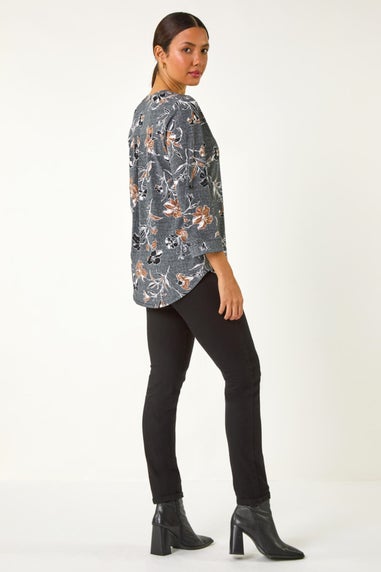 Roman Dark Grey Floral Textured Print Stretch Blouse