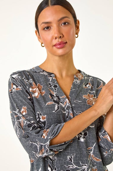 Roman Dark Grey Floral Textured Print Stretch Blouse