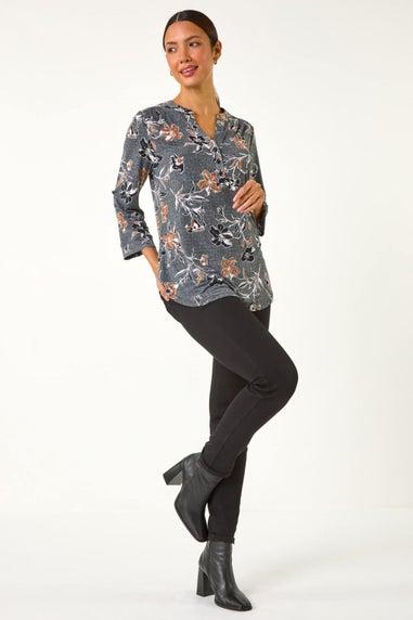 Roman Dark Grey Floral Textured Print Stretch Blouse