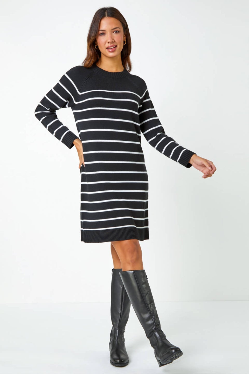 Roman Black Stripe Print Knitted Jumper Dress