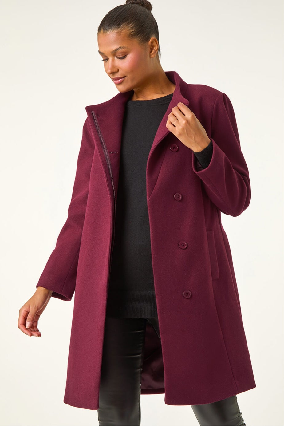 Roman Burgundy Tailored Funnel Neck Pocket Detail Coat