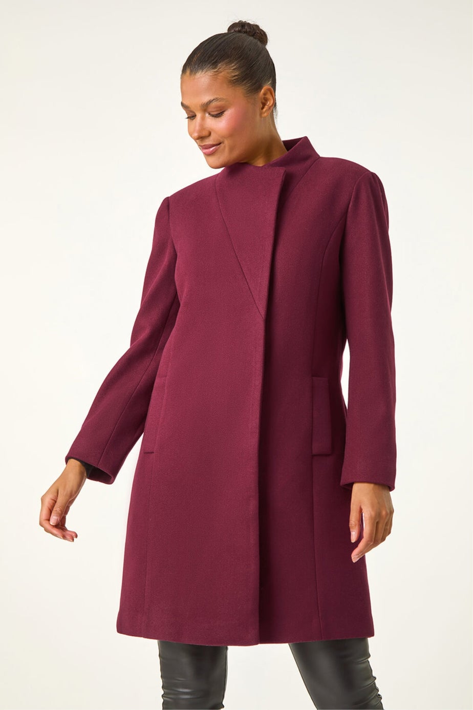 Roman Burgundy Tailored Funnel Neck Pocket Detail Coat