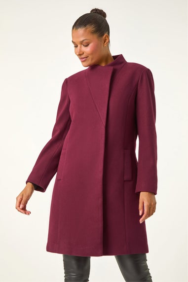 Roman Burgundy Tailored Funnel Neck Pocket Detail Coat