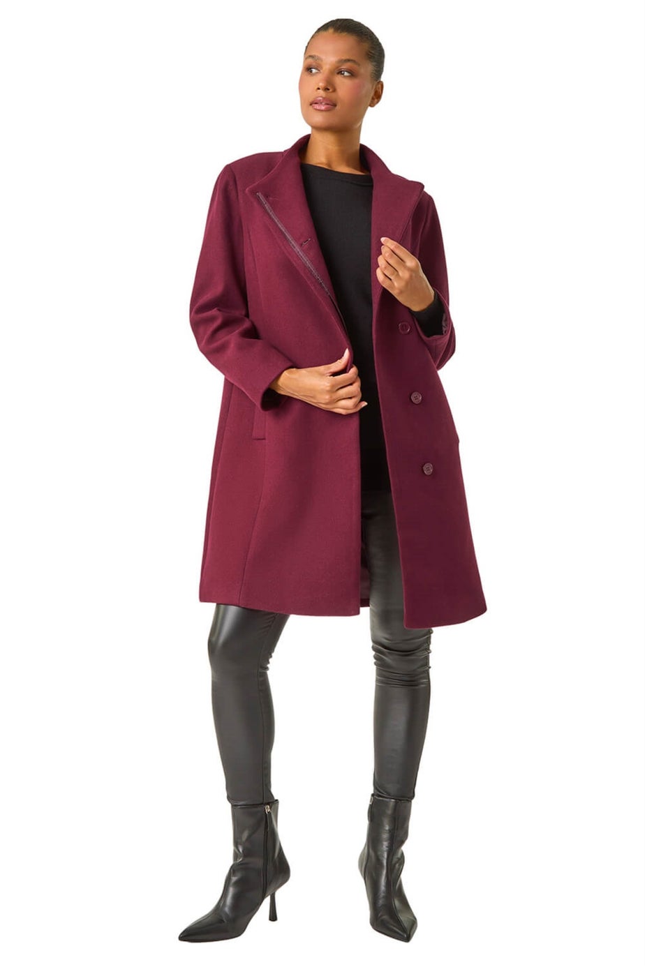 Roman Burgundy Tailored Funnel Neck Pocket Detail Coat