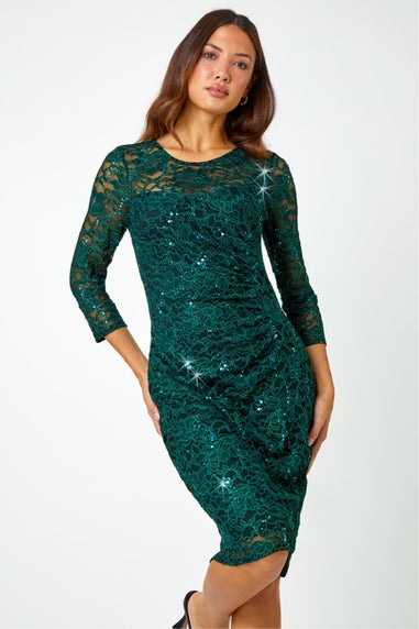 Roman Green Sequin Lace Ruched Stretch Dress
