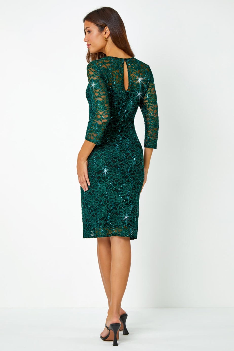 Roman Green Sequin Lace Ruched Stretch Dress