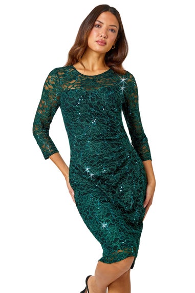 Roman Green Sequin Lace Ruched Stretch Dress