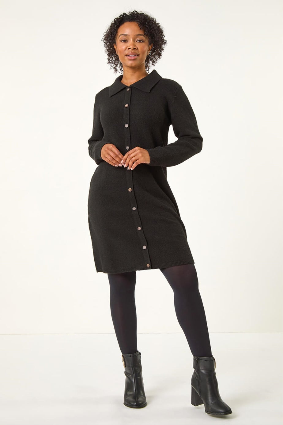 Roman Black Petite Collared Knit Shift Dress