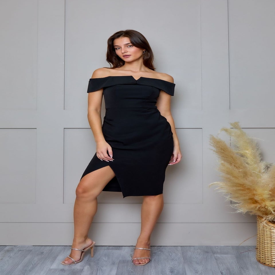 Chi Chi London Black Bardot Split Detail Bodycon Midi Dress