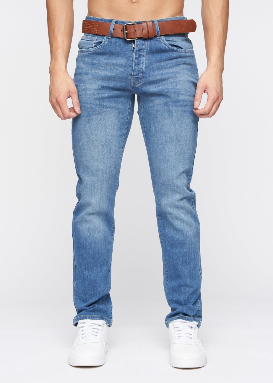 Crosshatch Blue Wash Farrowed PU Belted Jean