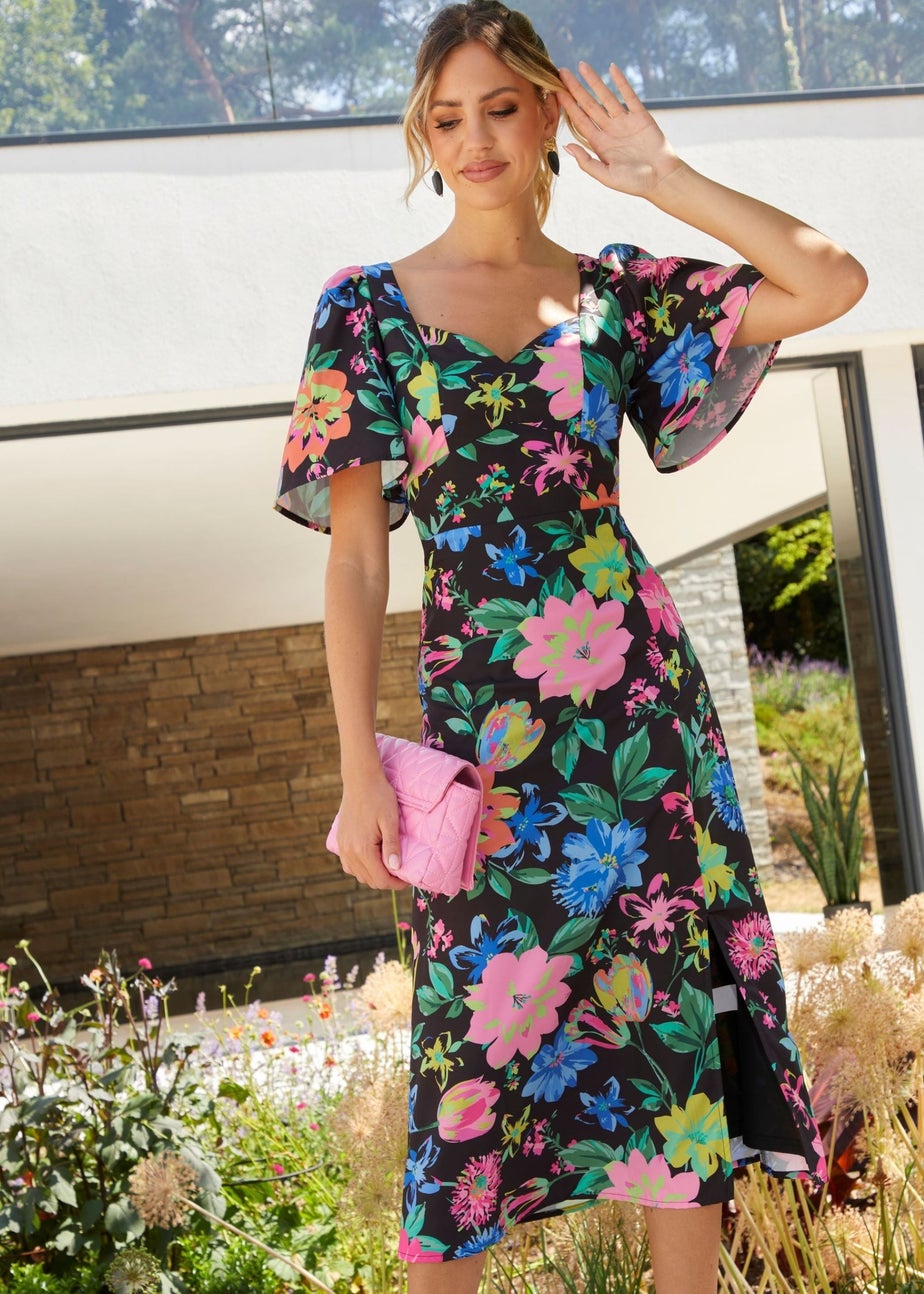 Chi Chi London Black Short Sleeve Floral Midi Dress