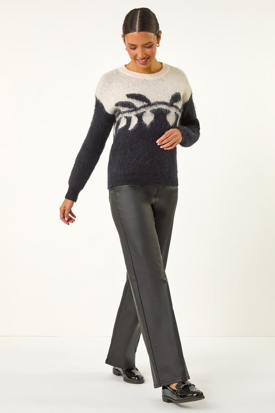Roman Black Leaf Jacquard Crew Neck Knit Jumper