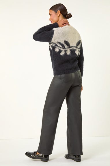 Roman Black Leaf Jacquard Crew Neck Knit Jumper