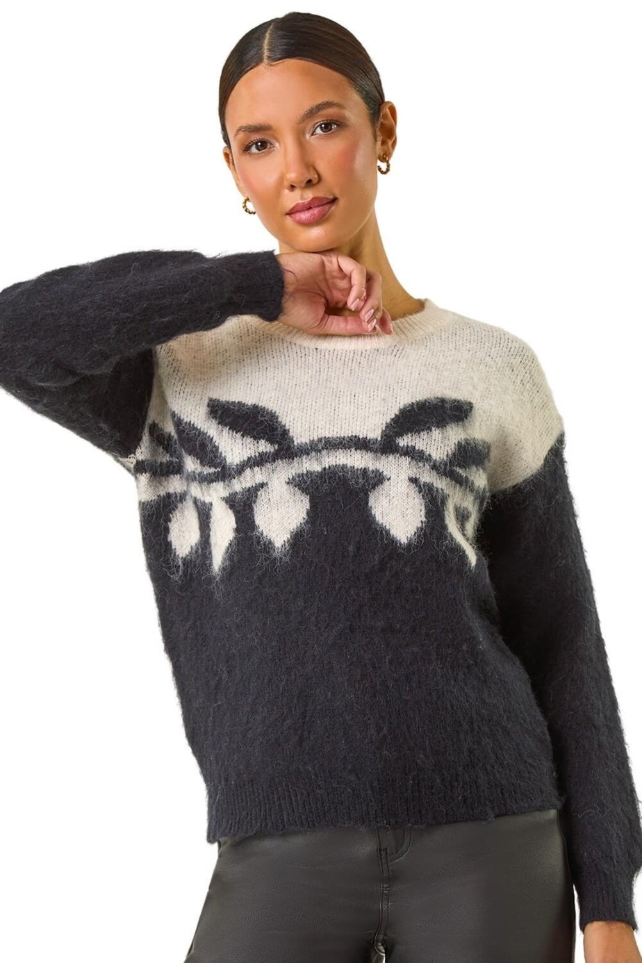 Roman Black Leaf Jacquard Crew Neck Knit Jumper