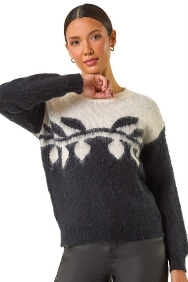 Roman Black Leaf Jacquard Crew Neck Knit Jumper