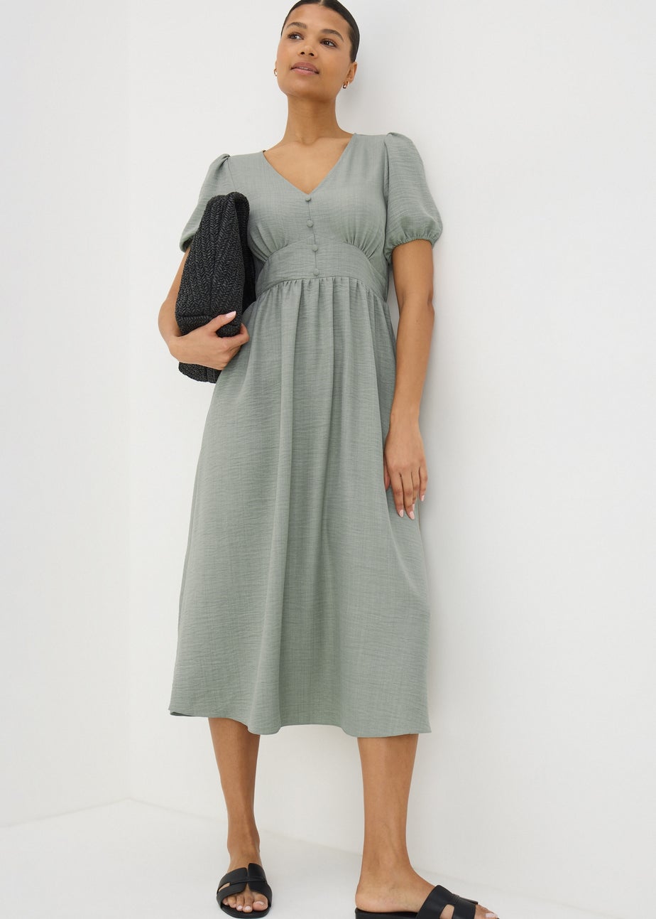 Sage Green Button Midi Tea Dress
