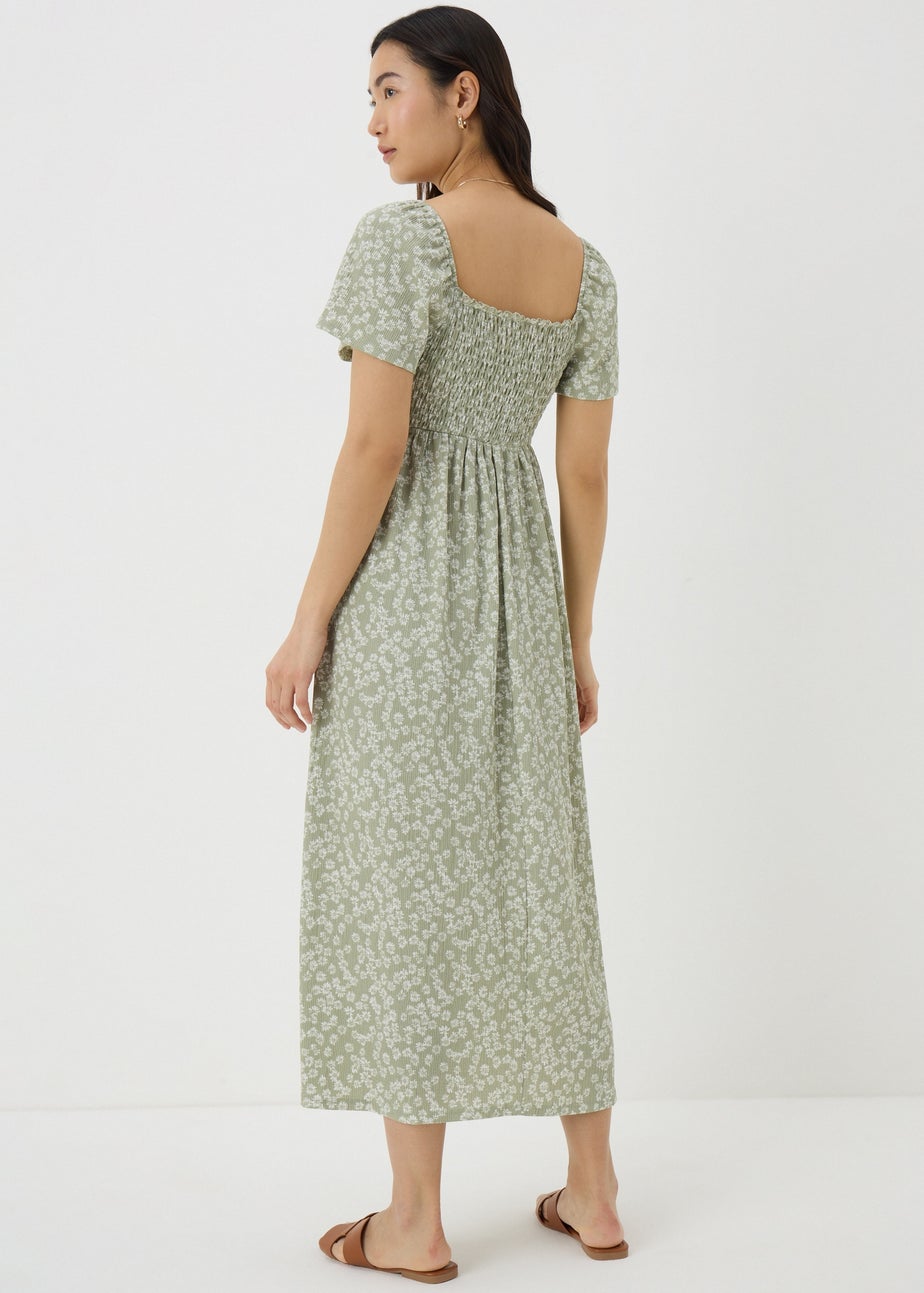 Sage Green Ditsy Floral Shirred Midi Dress