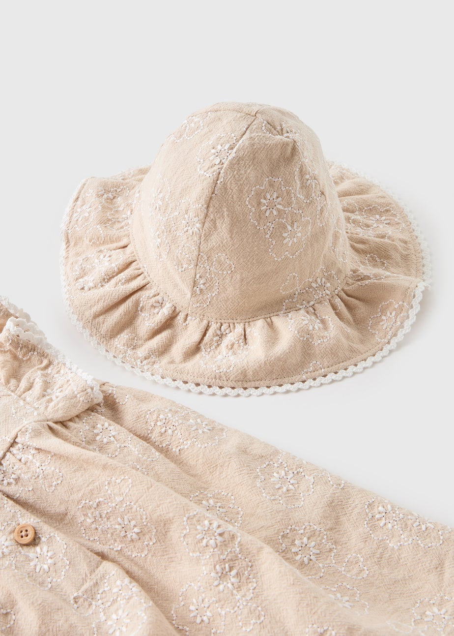 Baby Beige Embroidered Romper & Hat Set (Newborn-23mths)