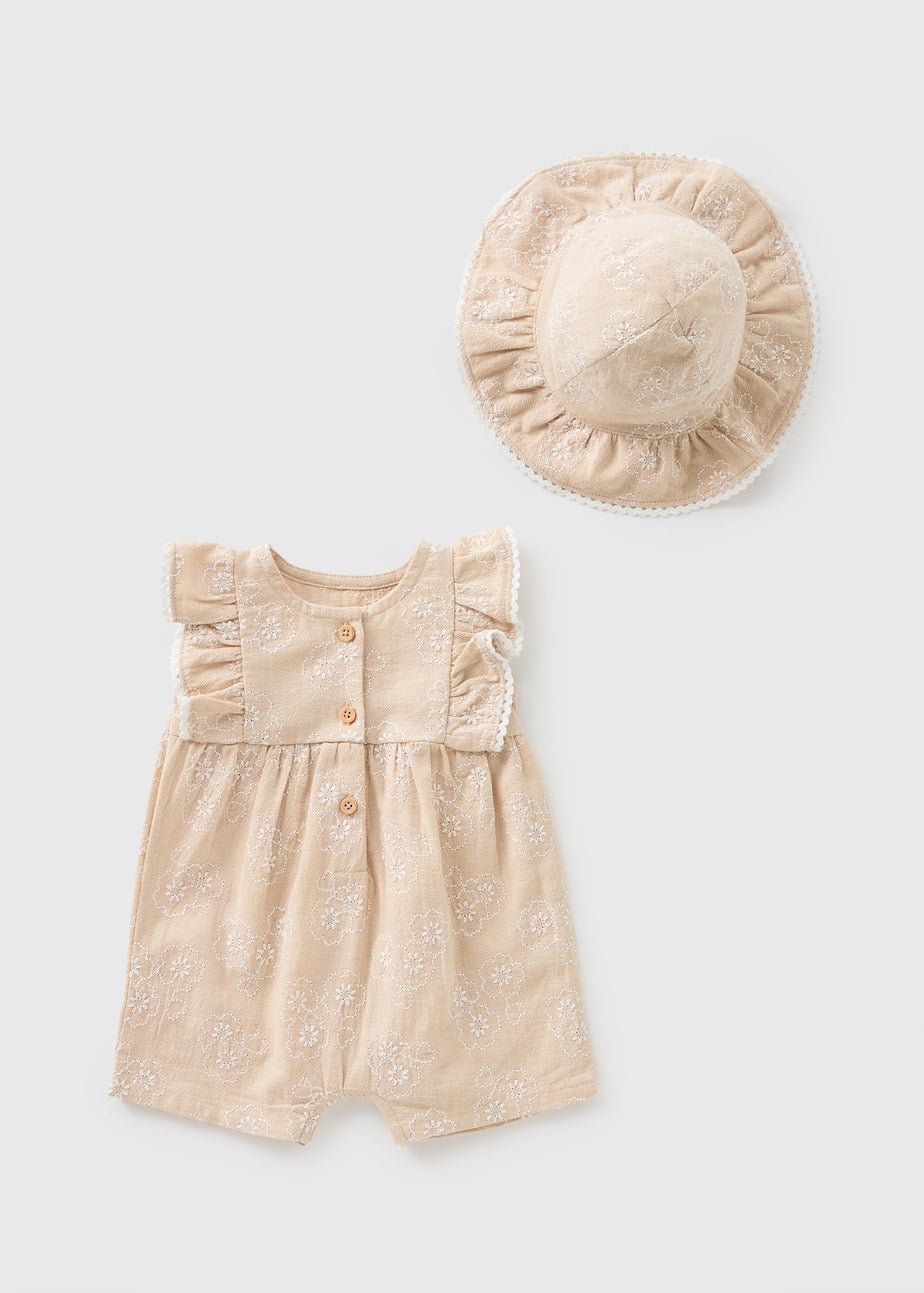 Baby Beige Embroidered Romper & Hat Set (Newborn-23mths)