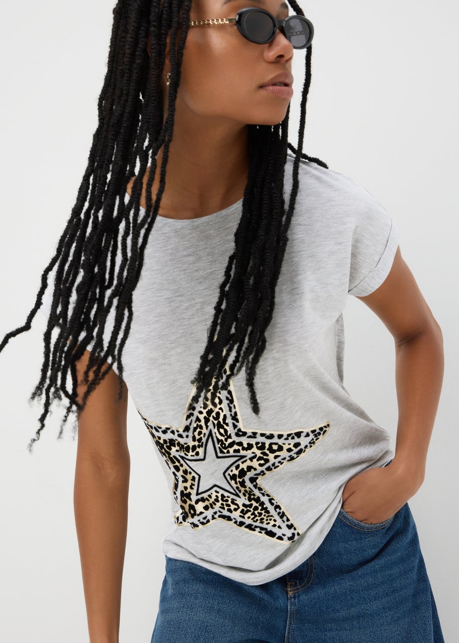 Grey Animal Flocked Star Graphic T-Shirt