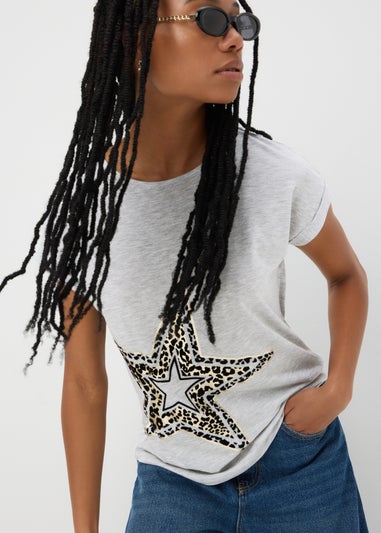 Grey Animal Flocked Star Graphic T-Shirt