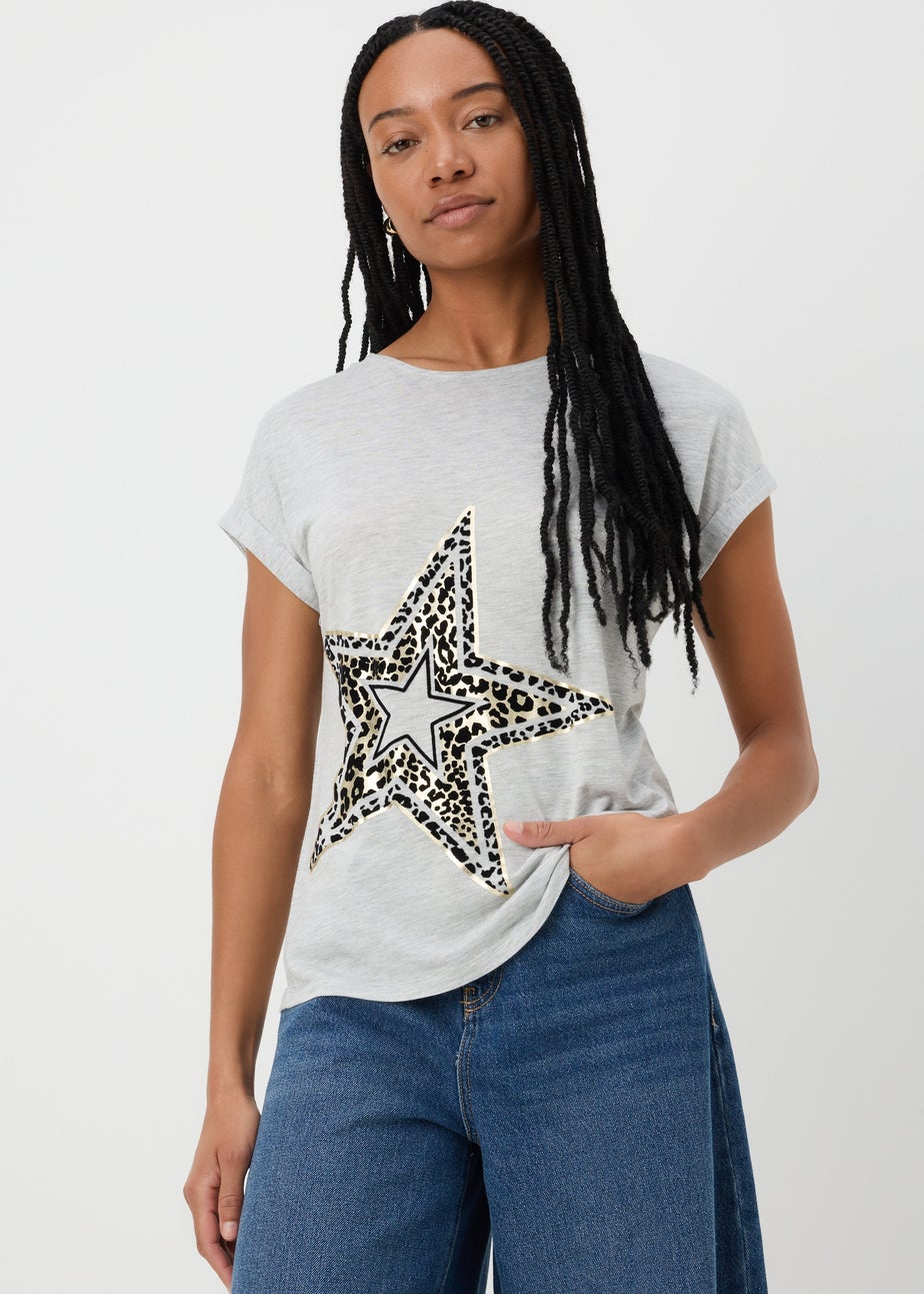 Grey Animal Flocked Star Graphic T-Shirt