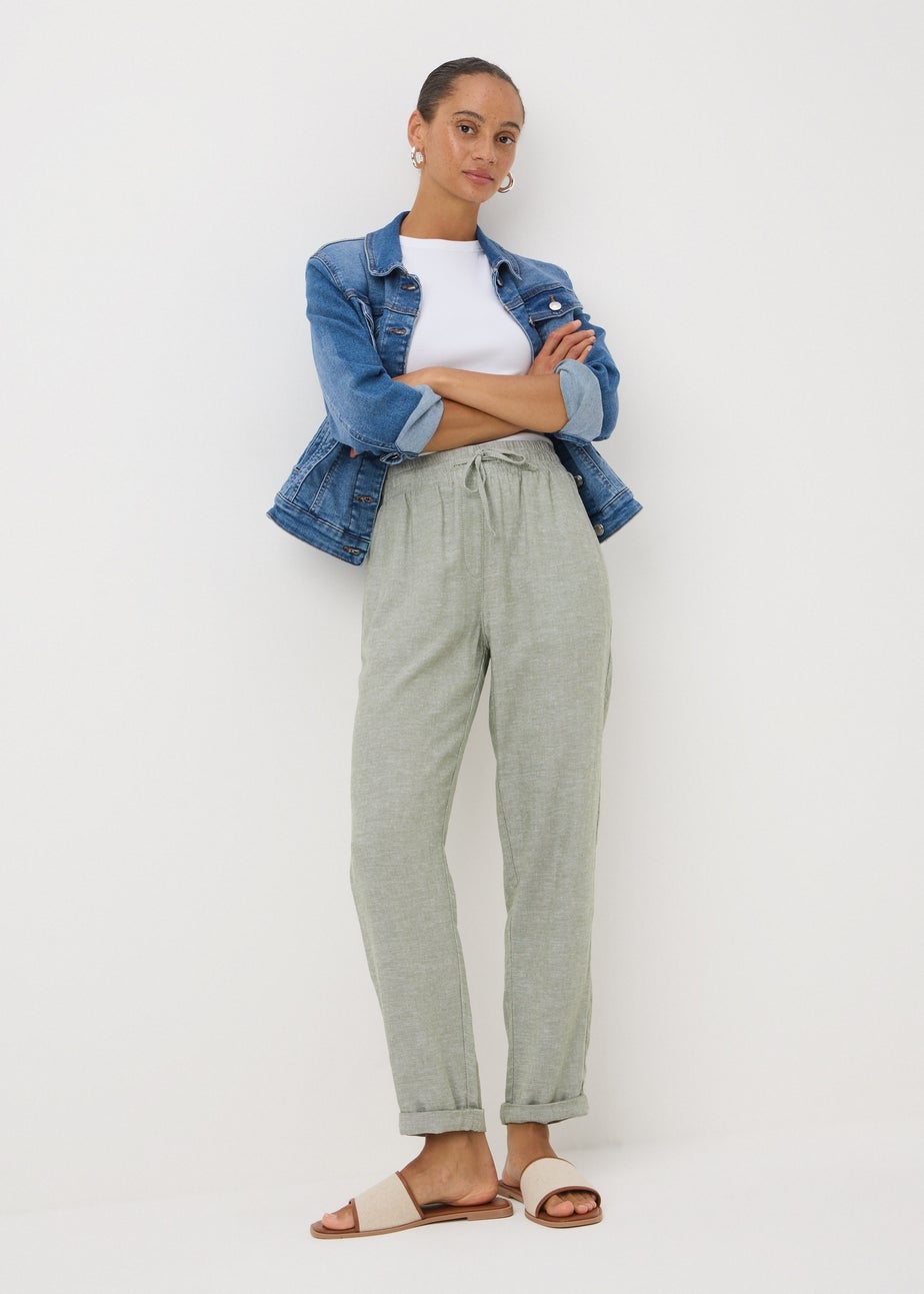 Sage Green Linen Blend Tapered Trousers