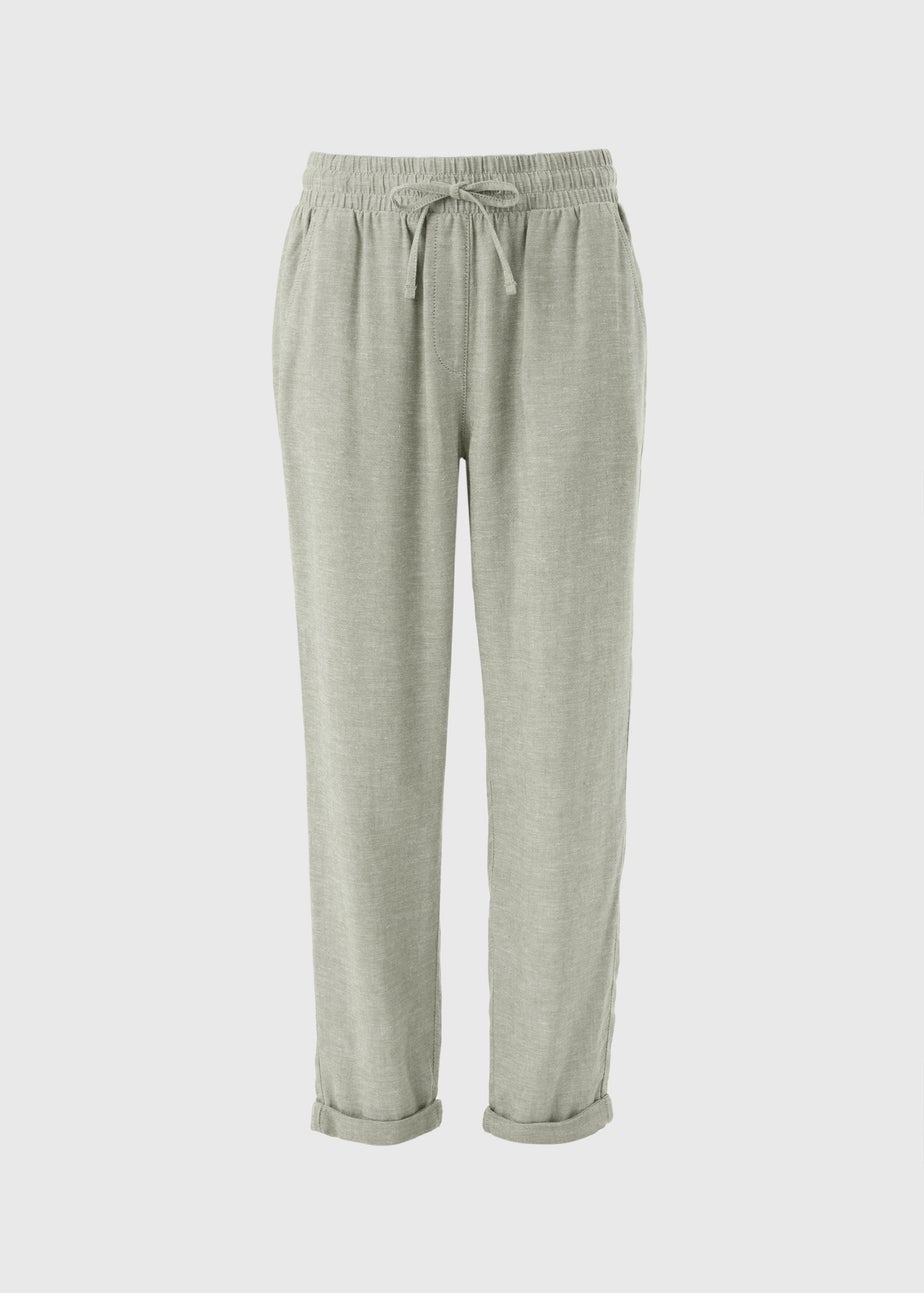 Sage Green Linen Blend Tapered Trousers